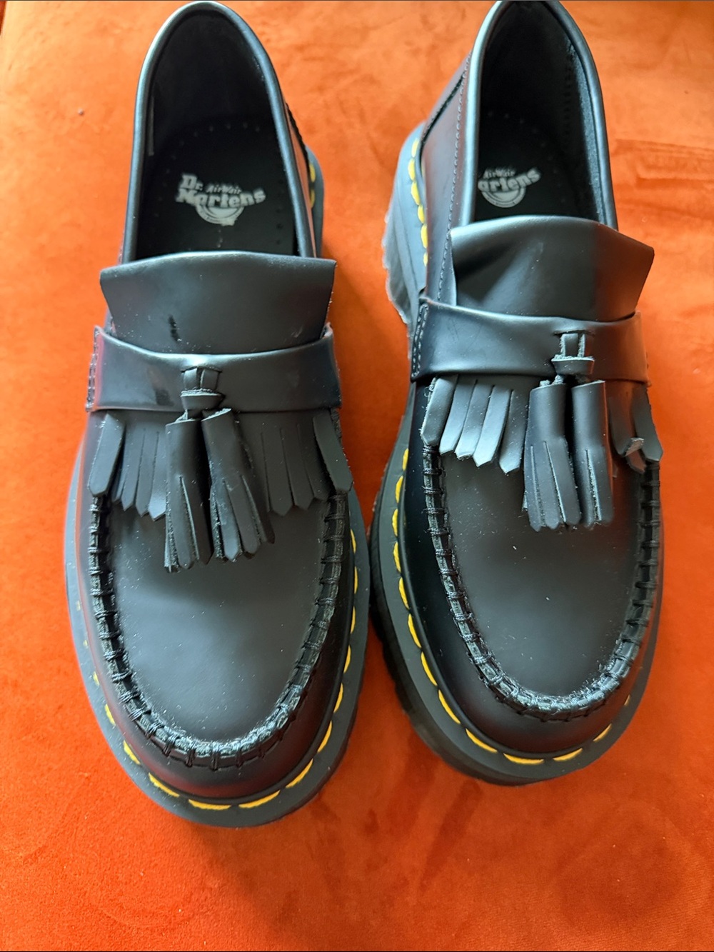 Dr. Martens Black Leather Tassel Kiltie Loafers with Yellow Stitching